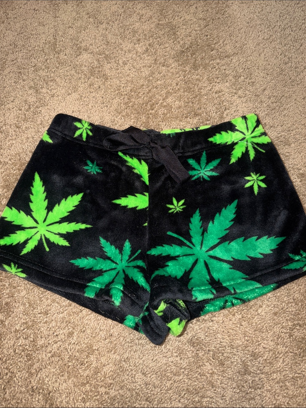 Fuzzy PJ Shorts Black with Green Leaf Print and Black Tie 🧡